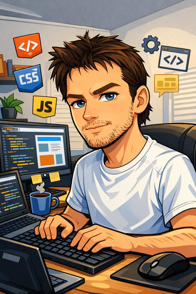 Web developer working on laptop with code and web icons